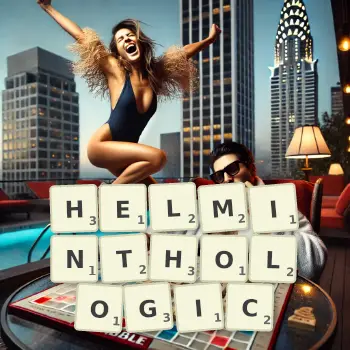 Creative illustration for a Scrabble game with the word HELMINTHOLOGIC spelled out in tiles on the board.