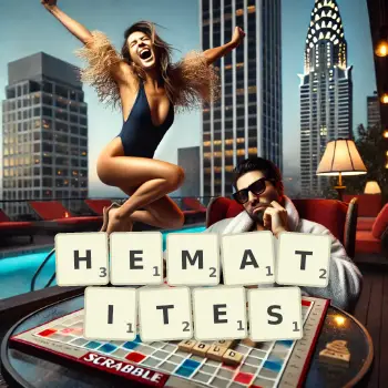 Creative illustration for a Scrabble game with the word HEMATITES spelled out in tiles on the board.