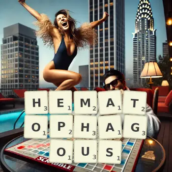 Creative illustration for a Scrabble game with the word HEMATOPHAGOUS spelled out in tiles on the board.