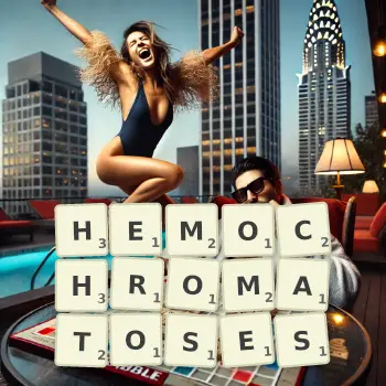 Creative illustration for a Scrabble game with the word HEMOCHROMATOSES spelled out in tiles on the board.