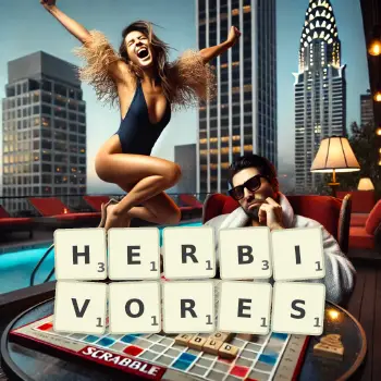 Creative illustration for a Scrabble game with the word HERBIVORES spelled out in tiles on the board.