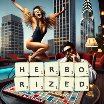 Creative illustration for a Scrabble game with the word HERBORIZED spelled out in tiles on the board.