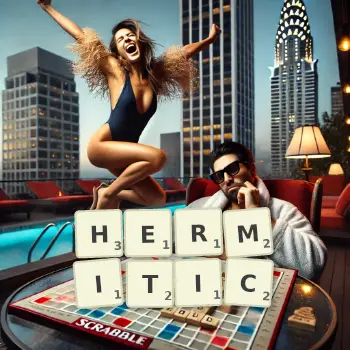 Creative illustration for a Scrabble game with the word HERMITIC spelled out in tiles on the board.