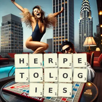 Creative illustration for a Scrabble game with the word HERPETOLOGIES spelled out in tiles on the board.