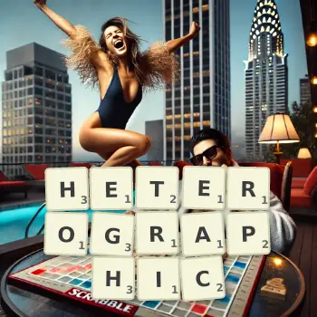 Creative illustration for a Scrabble game with the word HETEROGRAPHIC spelled out in tiles on the board.