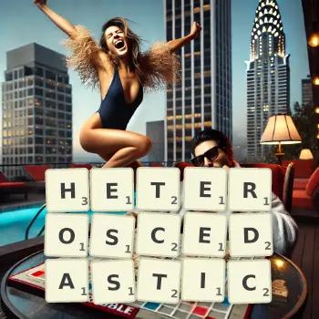 Creative illustration for a Scrabble game with the word HETEROSCEDASTIC spelled out in tiles on the board.