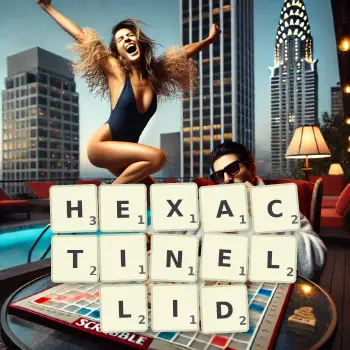 Creative illustration for a Scrabble game with the word HEXACTINELLID spelled out in tiles on the board.