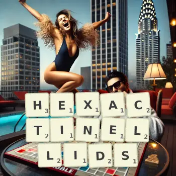 Creative illustration for a Scrabble game with the word HEXACTINELLIDS spelled out in tiles on the board.