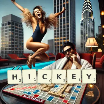 Creative illustration for a Scrabble game with the word HICKEY spelled out in tiles on the board.