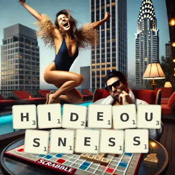 Creative illustration for a Scrabble game with the word HIDEOUSNESS spelled out in tiles on the board.