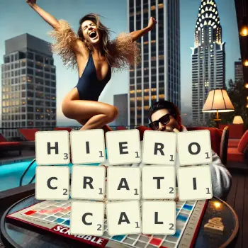 Creative illustration for a Scrabble game with the word HIEROCRATICAL spelled out in tiles on the board.