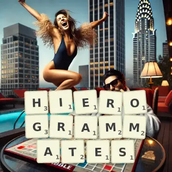 Creative illustration for a Scrabble game with the word HIEROGRAMMATES spelled out in tiles on the board.