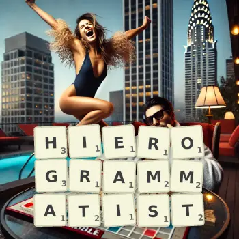 Creative illustration for a Scrabble game with the word HIEROGRAMMATIST spelled out in tiles on the board.