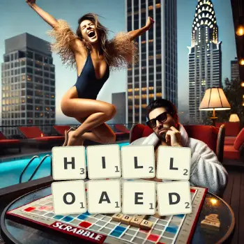 Creative illustration for a Scrabble game with the word HILLOAED spelled out in tiles on the board.