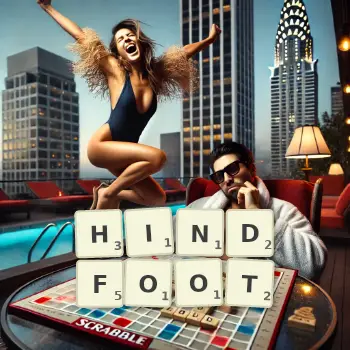 Creative illustration for a Scrabble game with the word HINDFOOT spelled out in tiles on the board.