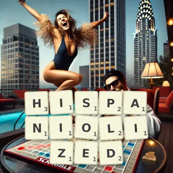 Creative illustration for a Scrabble game with the word HISPANIOLIZED spelled out in tiles on the board.