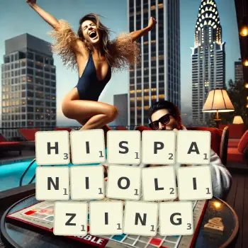 Creative illustration for a Scrabble game with the word HISPANIOLIZING spelled out in tiles on the board.