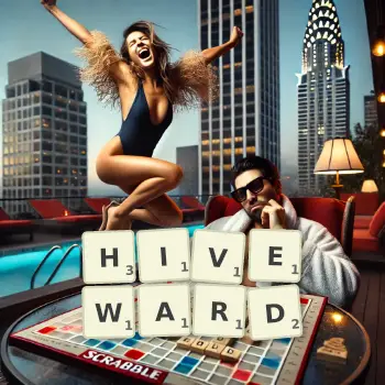 Creative illustration for a Scrabble game with the word HIVEWARD spelled out in tiles on the board.