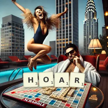 Creative illustration for a Scrabble game with the word HOAR spelled out in tiles on the board.
