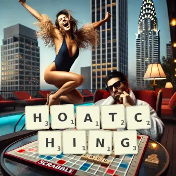Creative illustration for a Scrabble game with the word HOATCHING spelled out in tiles on the board.