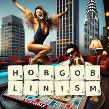Creative illustration for a Scrabble game with the word HOBGOBLINISM spelled out in tiles on the board.