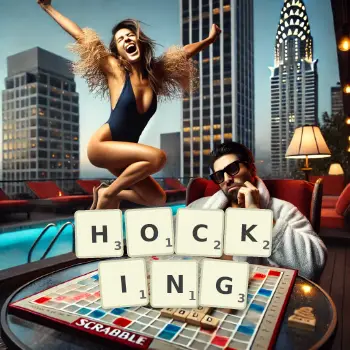 Creative illustration for a Scrabble game with the word HOCKING spelled out in tiles on the board.