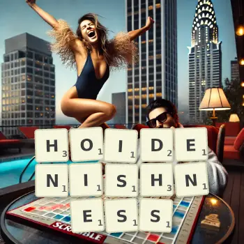 Creative illustration for a Scrabble game with the word HOIDENISHNESS spelled out in tiles on the board.