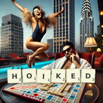 Creative illustration for a Scrabble game with the word HOIKED spelled out in tiles on the board.