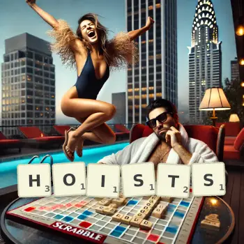 Creative illustration for a Scrabble game with the word HOISTS spelled out in tiles on the board.