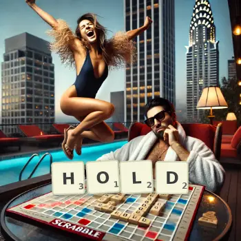 Creative illustration for a Scrabble game with the word HOLD spelled out in tiles on the board.