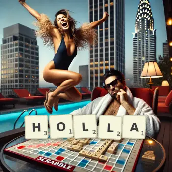 Creative illustration for a Scrabble game with the word HOLLA spelled out in tiles on the board.