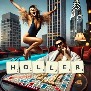 Creative illustration for a Scrabble game with the word HOLLER spelled out in tiles on the board.
