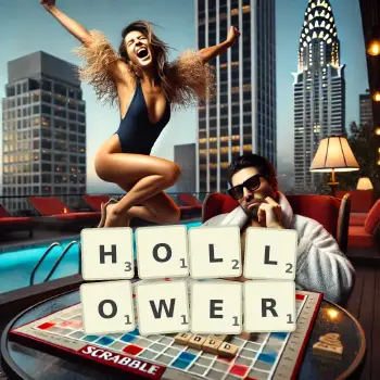Creative illustration for a Scrabble game with the word HOLLOWER spelled out in tiles on the board.