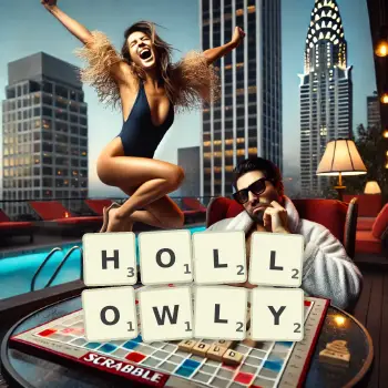 Creative illustration for a Scrabble game with the word HOLLOWLY spelled out in tiles on the board.