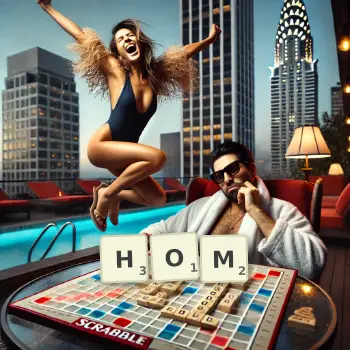 Creative illustration for a Scrabble game with the word HOM spelled out in tiles on the board.