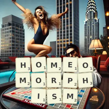 Creative illustration for a Scrabble game with the word HOMEOMORPHISM spelled out in tiles on the board.