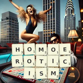Creative illustration for a Scrabble game with the word HOMOEROTICISM spelled out in tiles on the board.