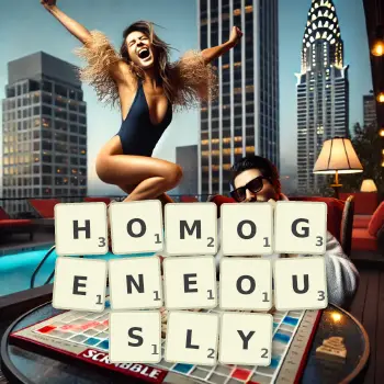Creative illustration for a Scrabble game with the word HOMOGENEOUSLY spelled out in tiles on the board.