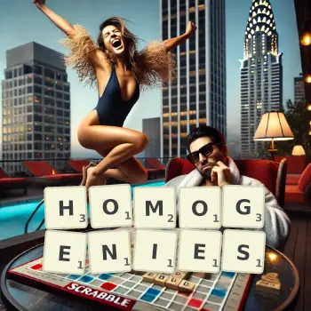 Creative illustration for a Scrabble game with the word HOMOGENIES spelled out in tiles on the board.