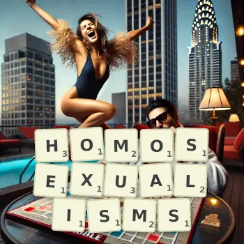 Creative illustration for a Scrabble game with the word HOMOSEXUALISMS spelled out in tiles on the board.