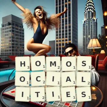 Creative illustration for a Scrabble game with the word HOMOSOCIALITIES spelled out in tiles on the board.