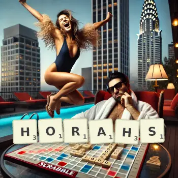 Creative illustration for a Scrabble game with the word HORAHS spelled out in tiles on the board.