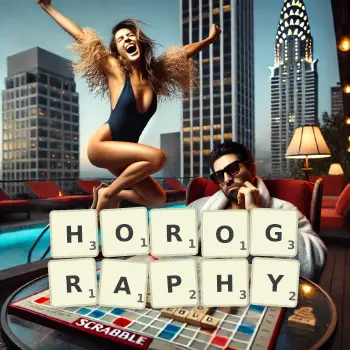 Creative illustration for a Scrabble game with the word HOROGRAPHY spelled out in tiles on the board.