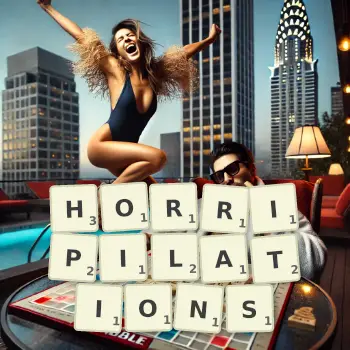 Creative illustration for a Scrabble game with the word HORRIPILATIONS spelled out in tiles on the board.