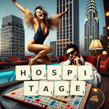 Creative illustration for a Scrabble game with the word HOSPITAGE spelled out in tiles on the board.