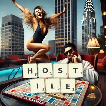 Creative illustration for a Scrabble game with the word HOSTILE spelled out in tiles on the board.