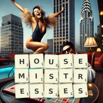 Creative illustration for a Scrabble game with the word HOUSEMISTRESSES spelled out in tiles on the board.