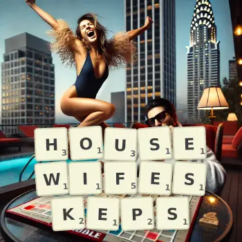 Creative illustration for a Scrabble game with the word HOUSEWIFESKEPS spelled out in tiles on the board.