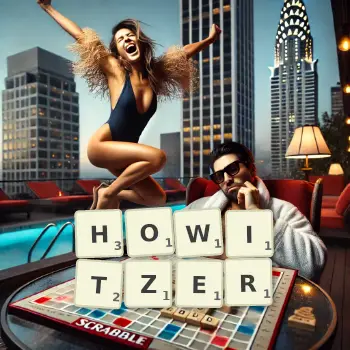 Creative illustration for a Scrabble game with the word HOWITZER spelled out in tiles on the board.