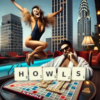 Creative illustration for a Scrabble game with the word HOWLS spelled out in tiles on the board.